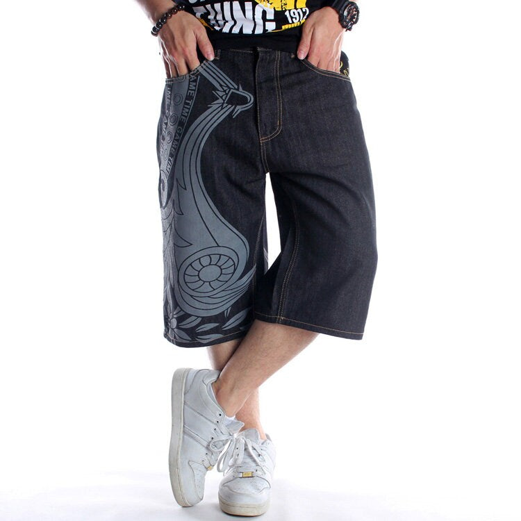 Letter Flower Printed Modern Denim Japanese Shorts - 34