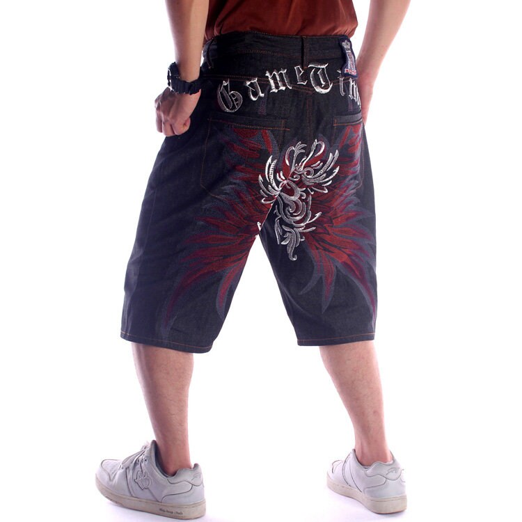 Devil Wings Embroidered Denim Japanese Shorts - 34