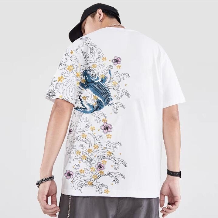 Carp Fish Embroidered Japanese T Shirt - 2XL