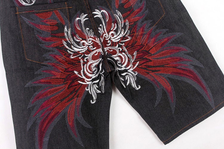 Devil Wings Embroidered Denim Japanese Shorts - 46