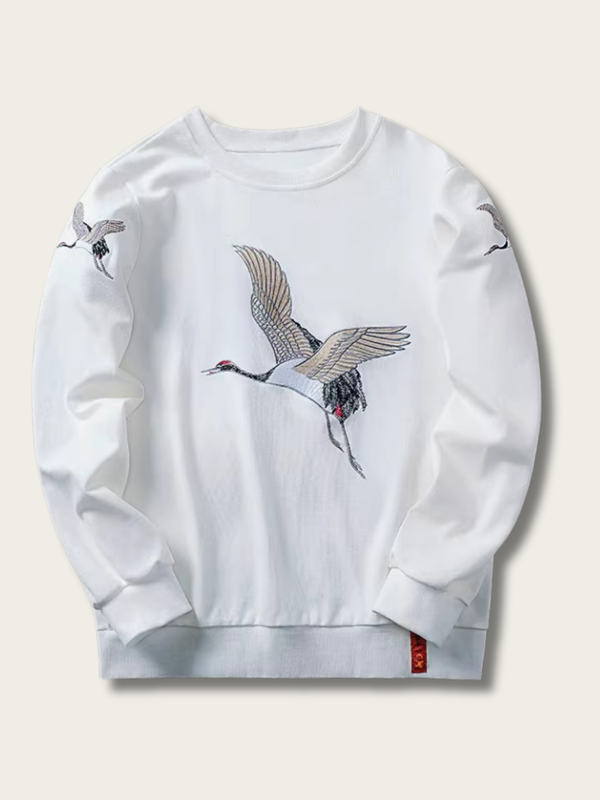 Elegant Crane Embroidered Sweatshirt - Small
