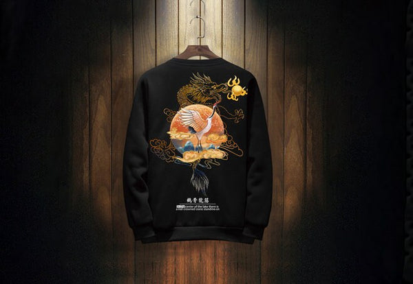 Dragon Crane Print Casual Japanese Sweatshirt - XS