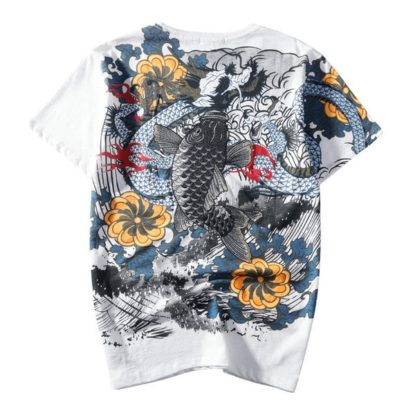 Embroidered Koi Japanese Streetwear T Shirt - Small