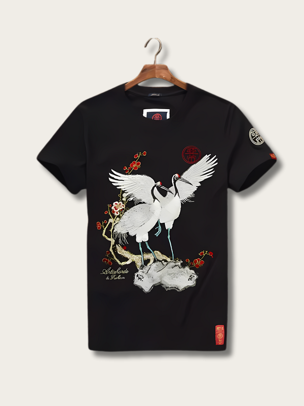 Crane Elegance Embroidered Black T-Shirt - Small
