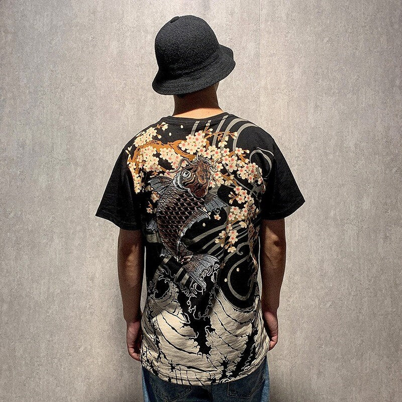 Retro Embroidered Koi Japanese T Shirt - XL