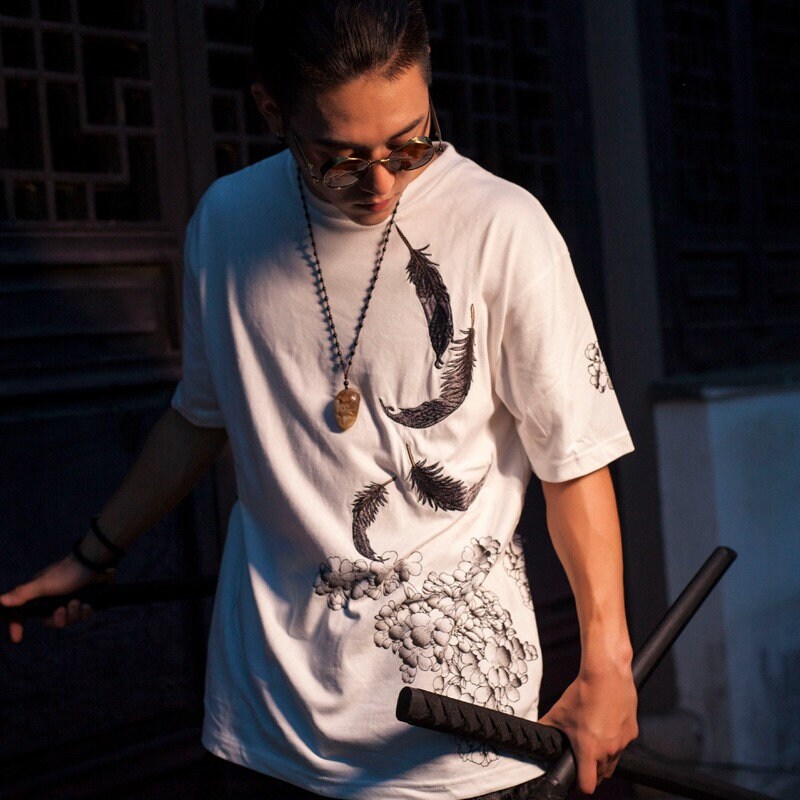 Rooster Embroidered Design Japanese T Shirt - 2XL