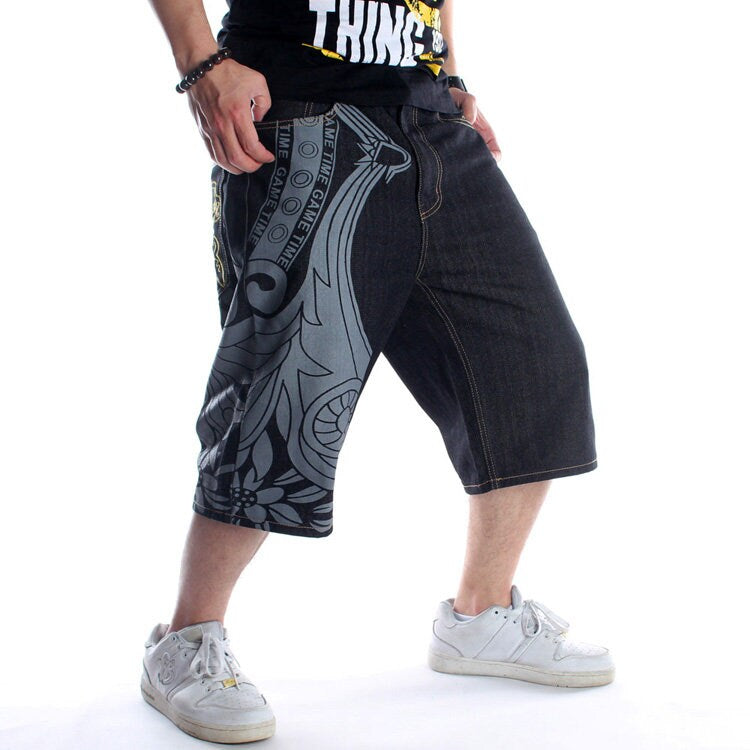Letter Flower Printed Modern Denim Japanese Shorts - 36