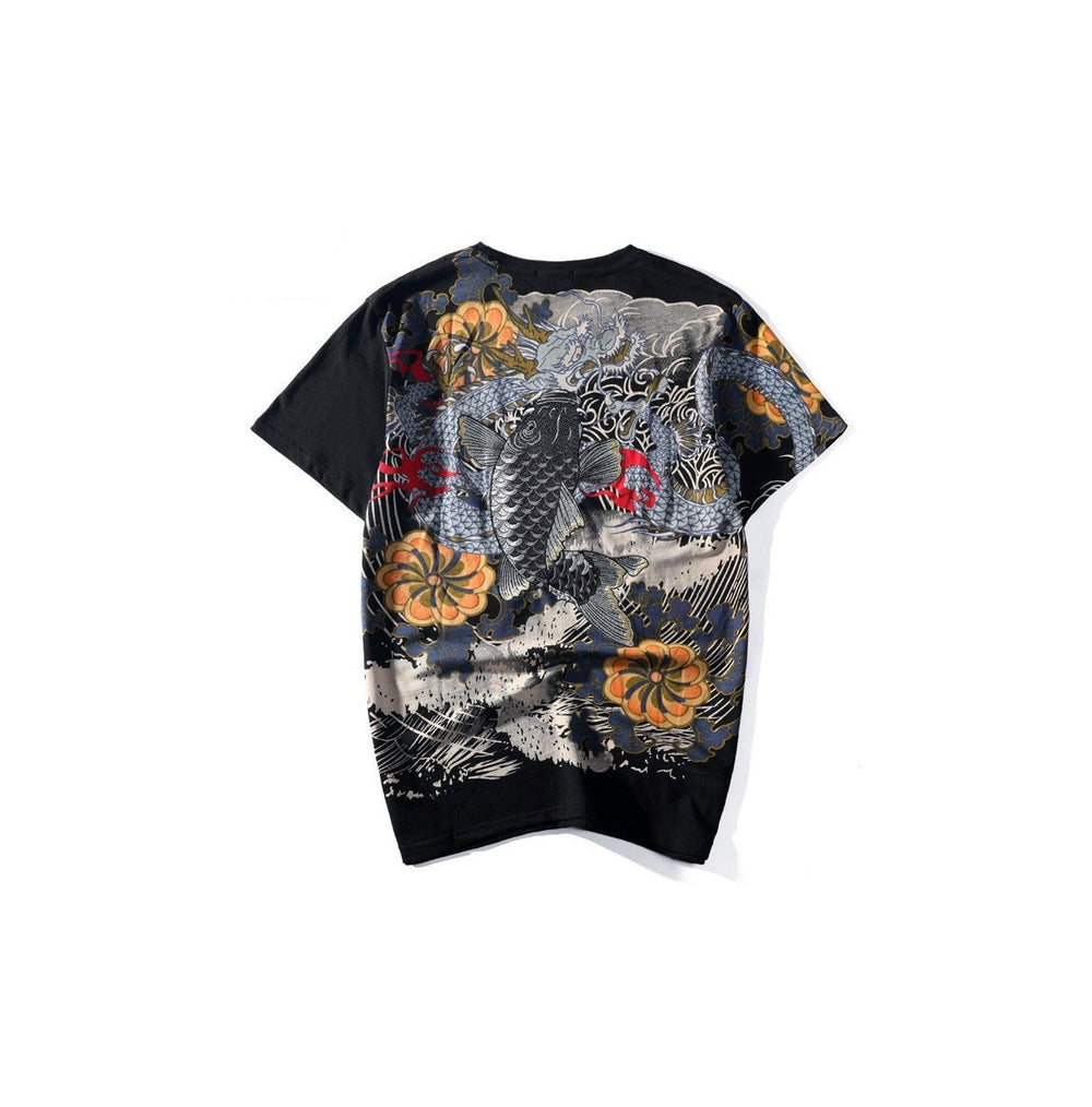 Embroidered Koi Japanese Streetwear T Shirt - Small