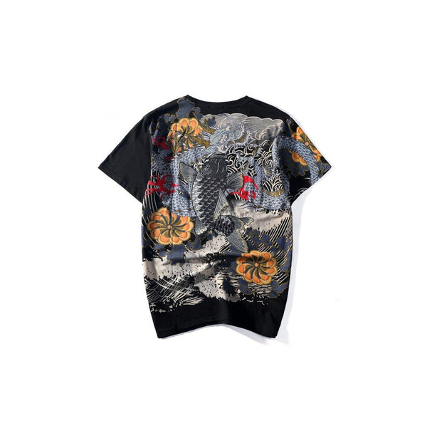 Embroidered Koi Japanese Streetwear T Shirt - Small