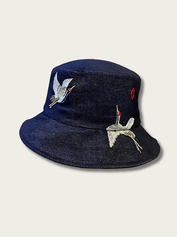 Embroidered Crane Denim Bucket Hat - #ffffff:White