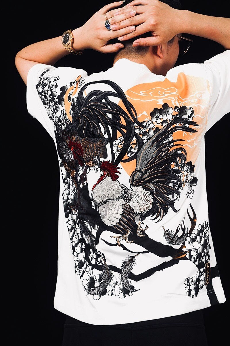 Rooster Embroidered Design Japanese T Shirt - XL