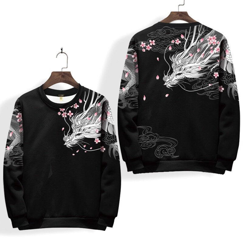 Dragon Sakura Print Japanese Modern Sweater - XL