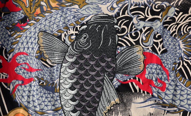 Embroidered Koi Japanese Streetwear T Shirt - XL