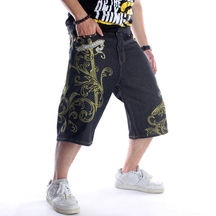 Leaves Design Embroidered Denim Japanese Shorts - 44