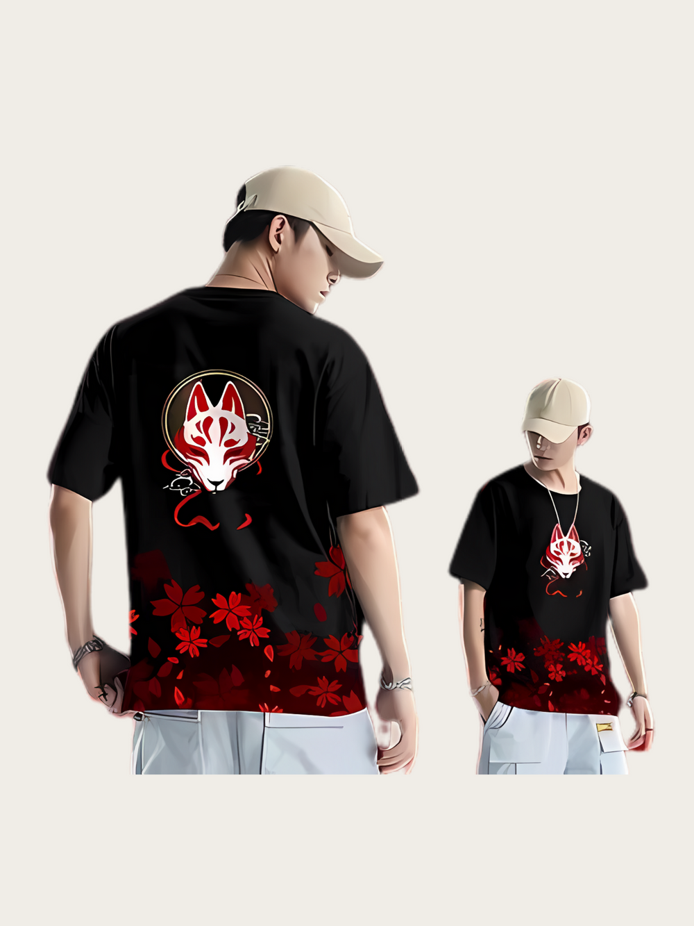 Kitsune Fox Mask Printed Japanese T Shirt - 2XL