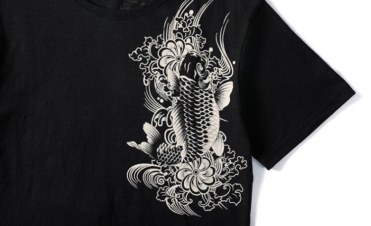 Embroidered Koi Japanese Streetwear T Shirt - Large