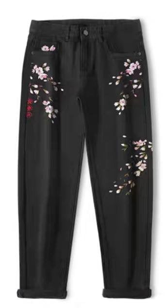 Denim Plum Blossom Japanese Pants - 36
