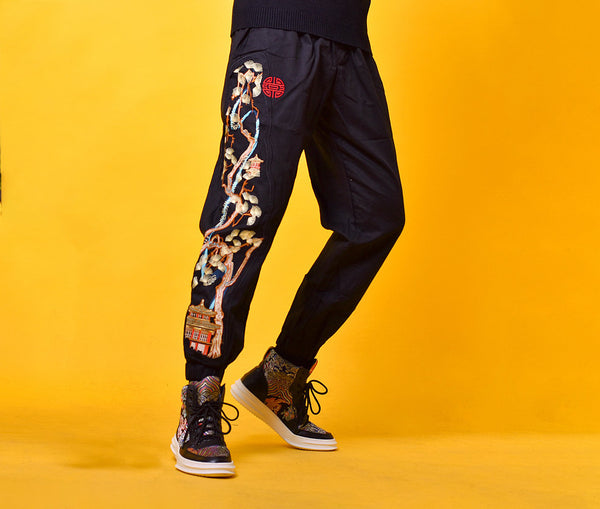Pine Tree Embroidered Japanese Pants - Medium