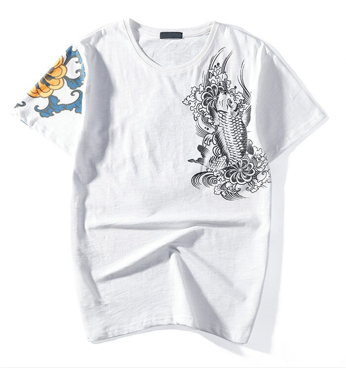 Embroidered Koi Japanese Streetwear T Shirt - Medium
