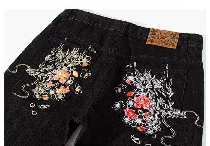 Denim Floral Embroidered Style Japanese Pants - 30
