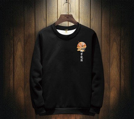 Dragon Crane Print Casual Japanese Sweatshirt - XS