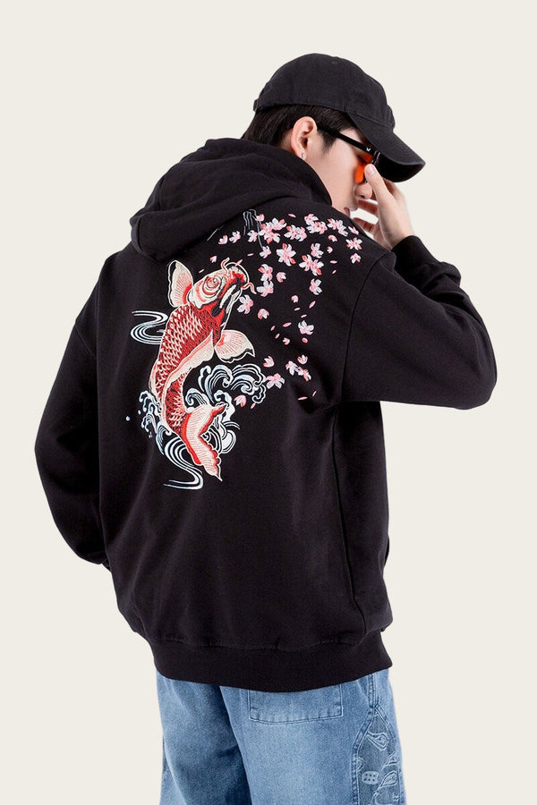 Cherry Blossom Koi Embroidered Japanese Hoodie - XL