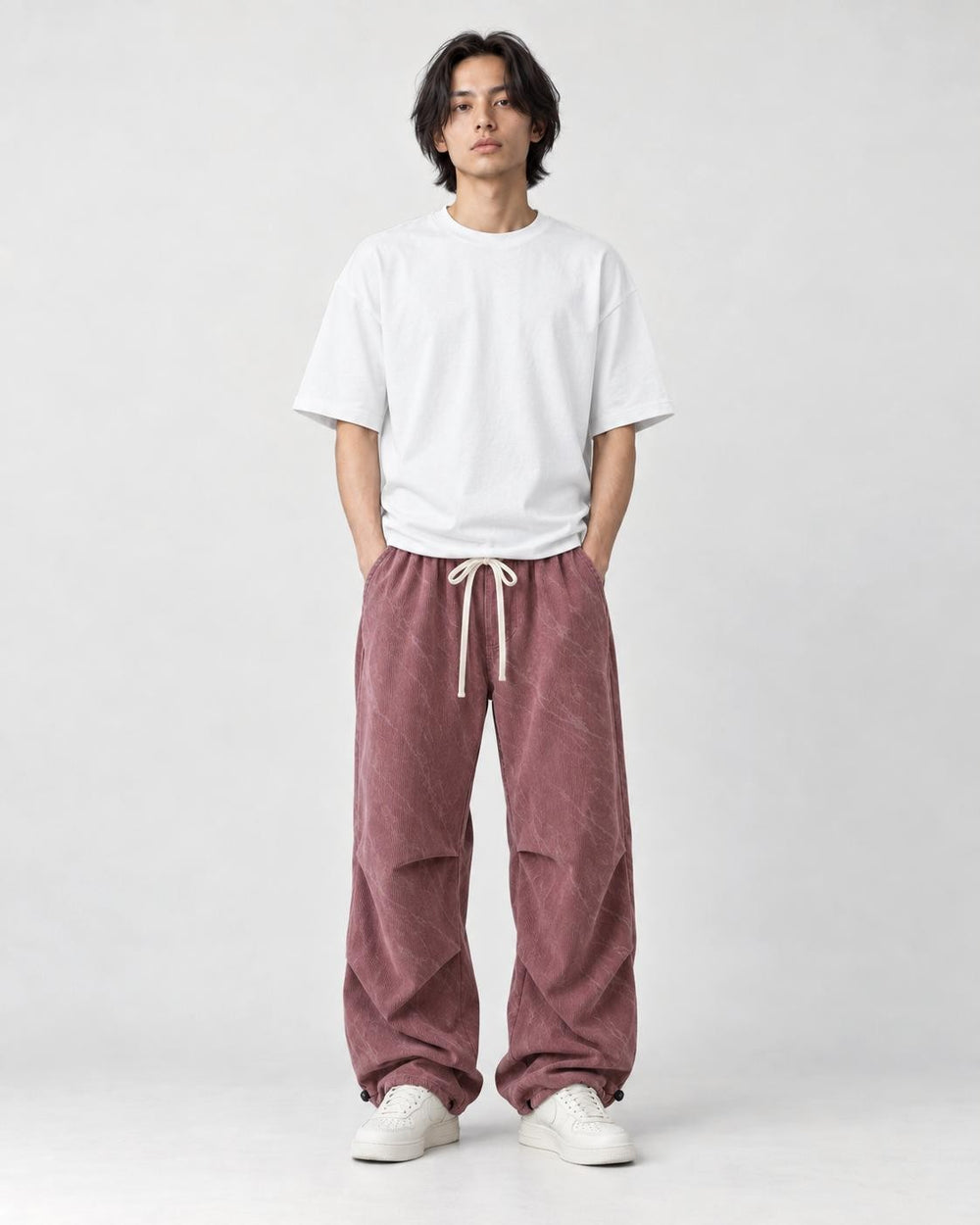 Model wearing the pink acid-wash corduroy parachute pants, front view