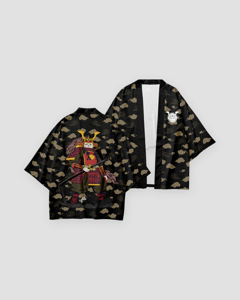 Black haori jacket with tan clouds shown open at the front and from the back, with an armored cat holding a sword