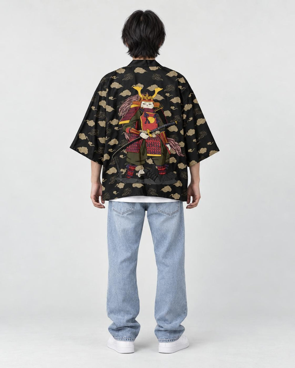 Full-length back view of a man in the black haori with tan clouds and an armored cat holding a sword, with light jeans
