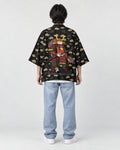 Full-length back view of a man in the black haori with tan clouds and an armored cat holding a sword, with light jeans