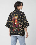 Man in the black haori seen from behind at an angle, with tan clouds and an armored cat on the back, over a white tee
