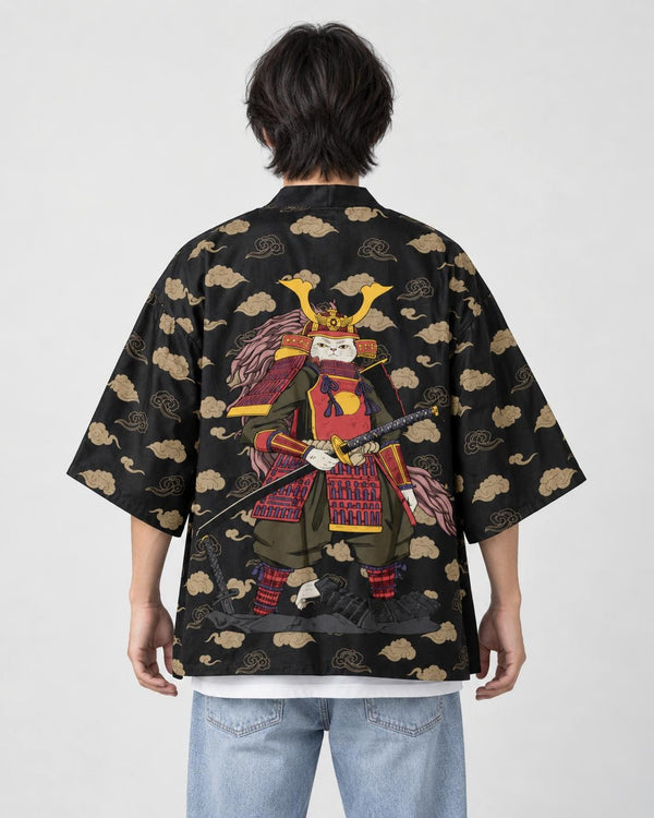 Man seen from behind in the black haori with tan clouds and an armored cat on the back, over a white tee