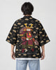 Man seen from behind in the black haori with tan clouds and an armored cat on the back, over a white tee