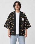 Man in the open black cloud-pattern haori with a small white cat emblem on the chest, a white tee and light jeans