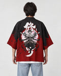 Man seen from behind in the black and red haori with a white character and a many-armed asura on the back
