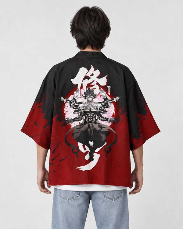 Man seen from behind in the black and red haori with a white character and a many-armed asura on the back
