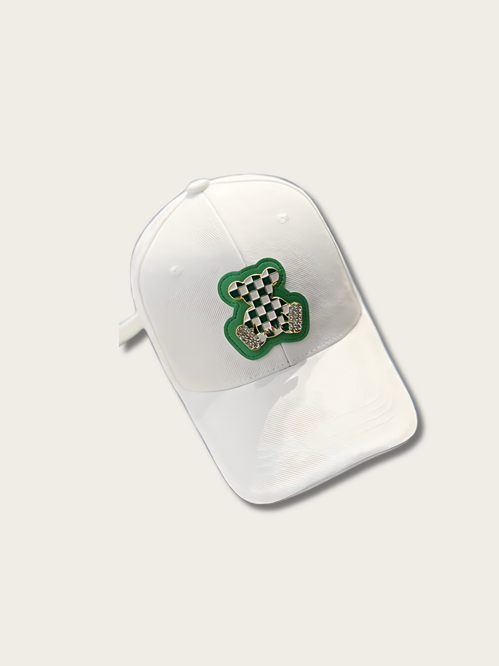 Embroidered Checkered Bear Japanese Cap - White