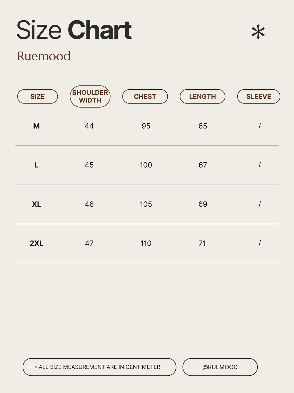 Size chart for clothing by Ruemood with measurements in centimeters.