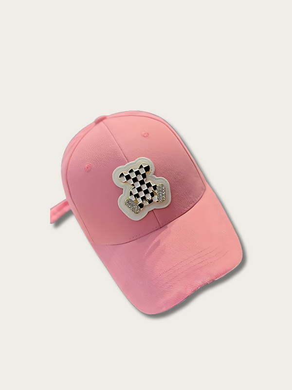Embroidered Checkered Bear Japanese Cap - Pink