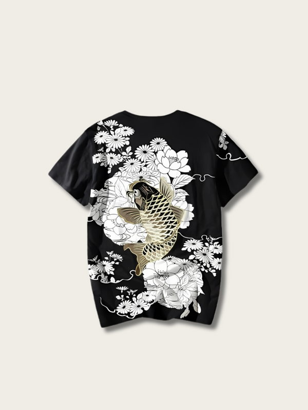 Floral Koi Harmony Japanese T Shirt - Medium