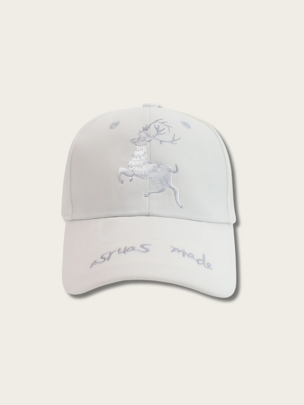 Embroidered Deer Design Japanese Cap - White