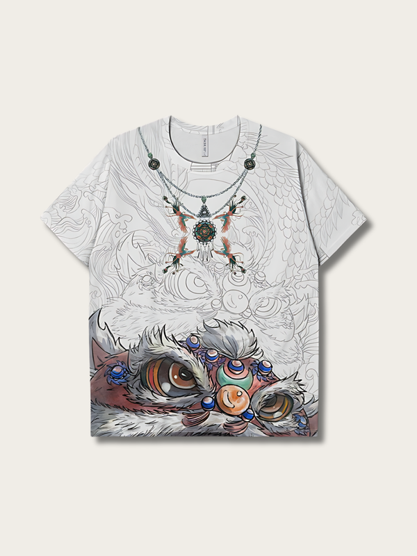 Dancing Print Lion Japanese T Shirt - Small