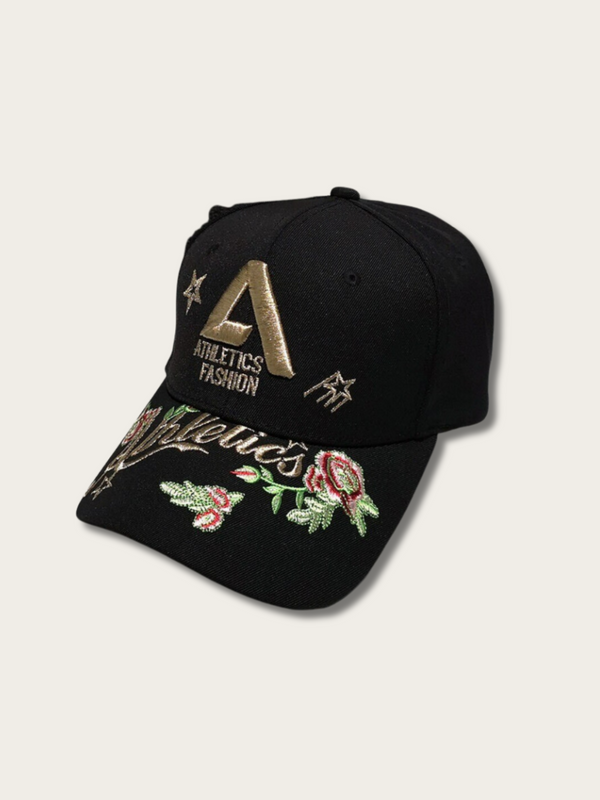 Embroidered Flower Letter Japanese Cap - Black