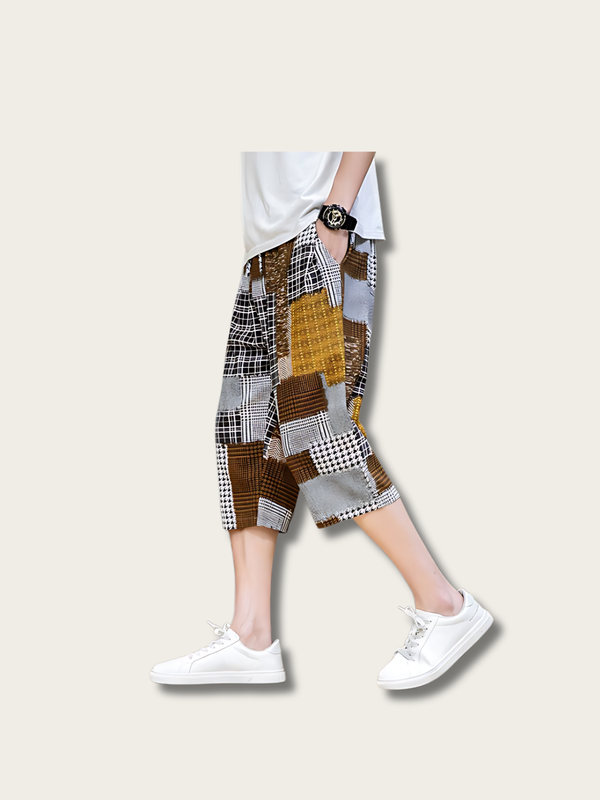 Checkered Patched Japanese Long Shorts - Medium
