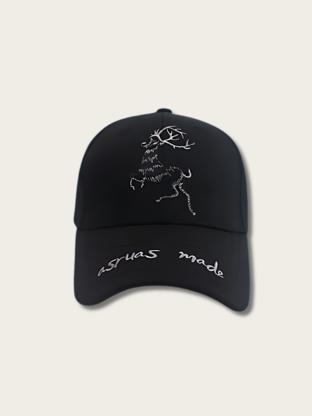 Embroidered Deer Design Japanese Cap - Black
