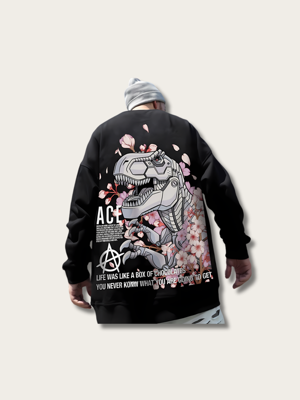 Printed Dinosaur Round Neck Japanese Sweatshirt - Medium