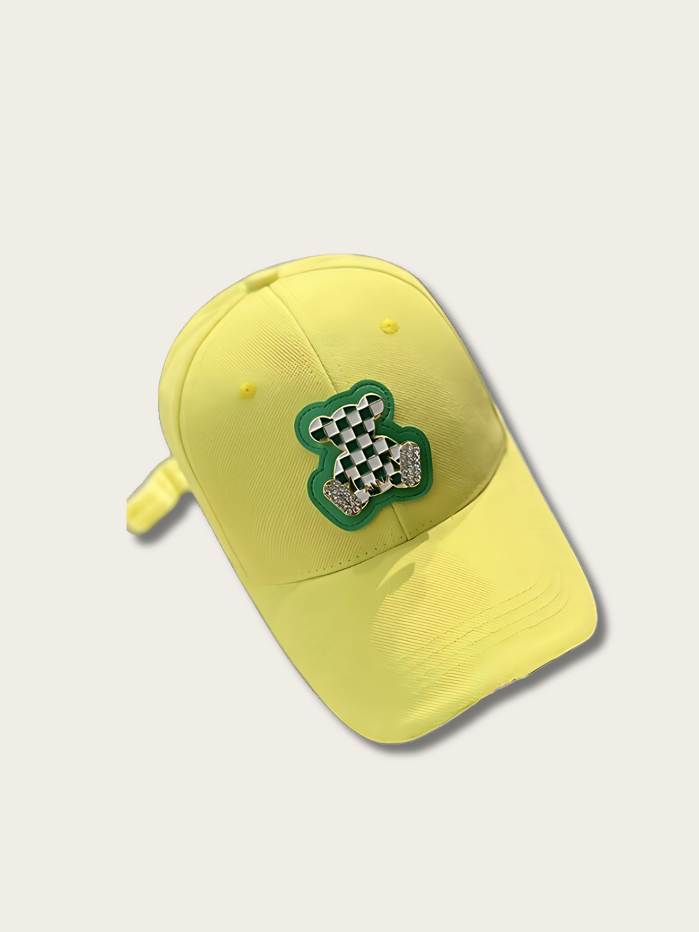 Embroidered Checkered Bear Japanese Cap - Yellow