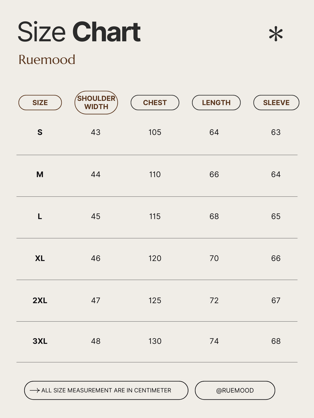 Size chart for clothing by Ruemood with measurements in centimeters.