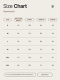 Size chart for clothing by Ruemood with measurements in centimeters.