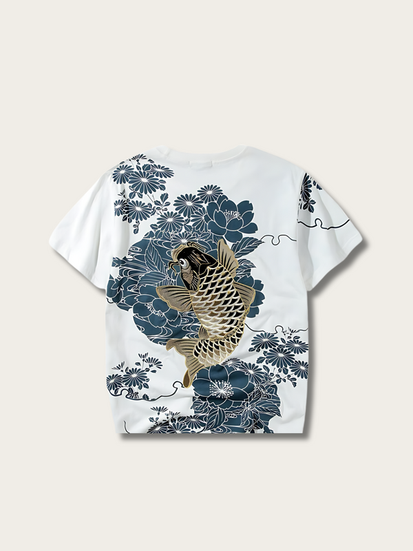 Floral Koi Harmony Japanese T Shirt - Medium